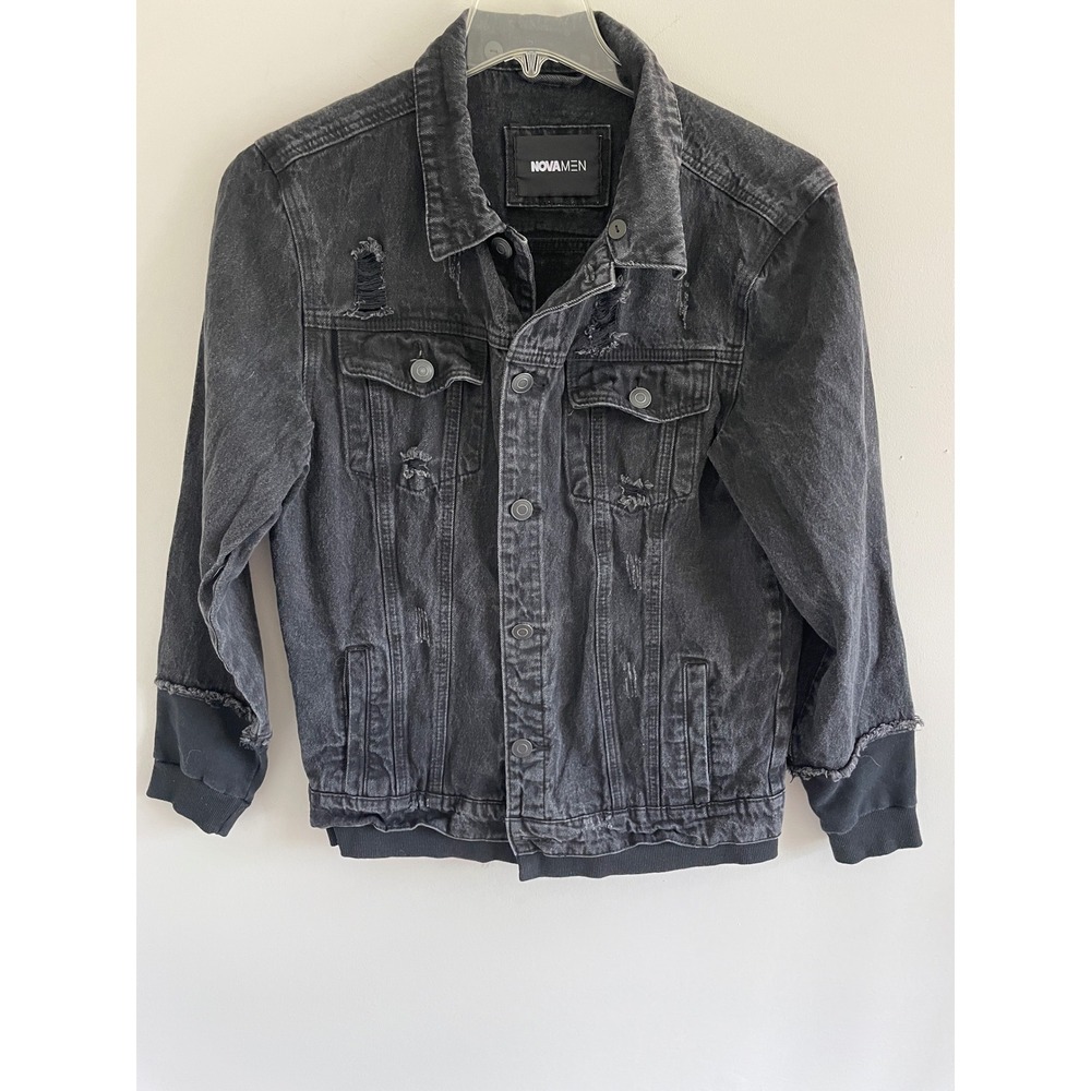 Fashion Nova Men Black‎ Distressed Denim Trucker Jacket Ribbed Trim DK140 Large